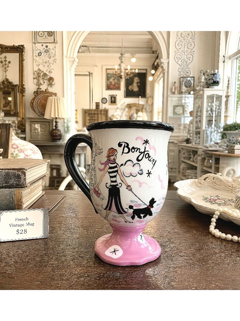 Paris themed pedestal mug, Jennifer Brinley Bonjour cup, Certified International